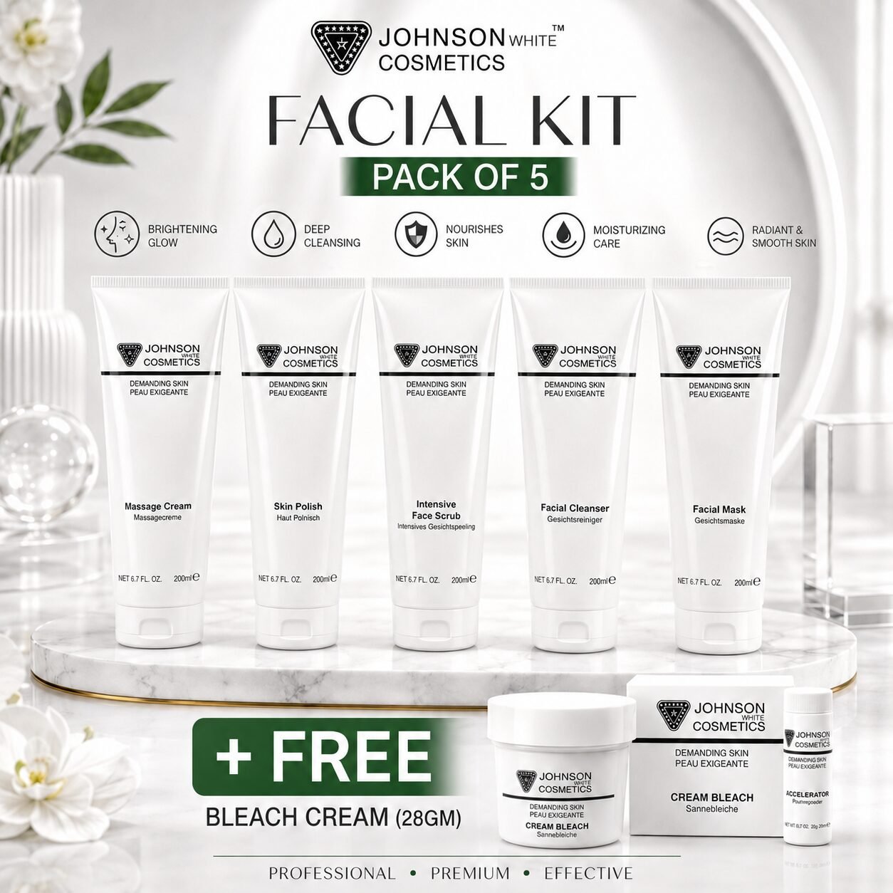 Johnson White Cosmetics Facial Kit (200ml Each) Pack of 5 + FREE Bleach Cream (28gm)