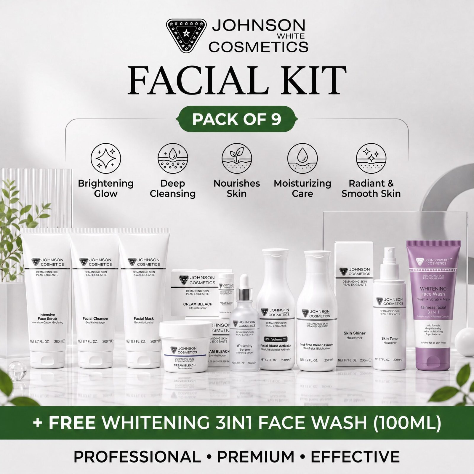 Johnson White Cosmetics Facial Kit (Pack of 9) + FREE Whitening 3in1 Face Wash (100ml)