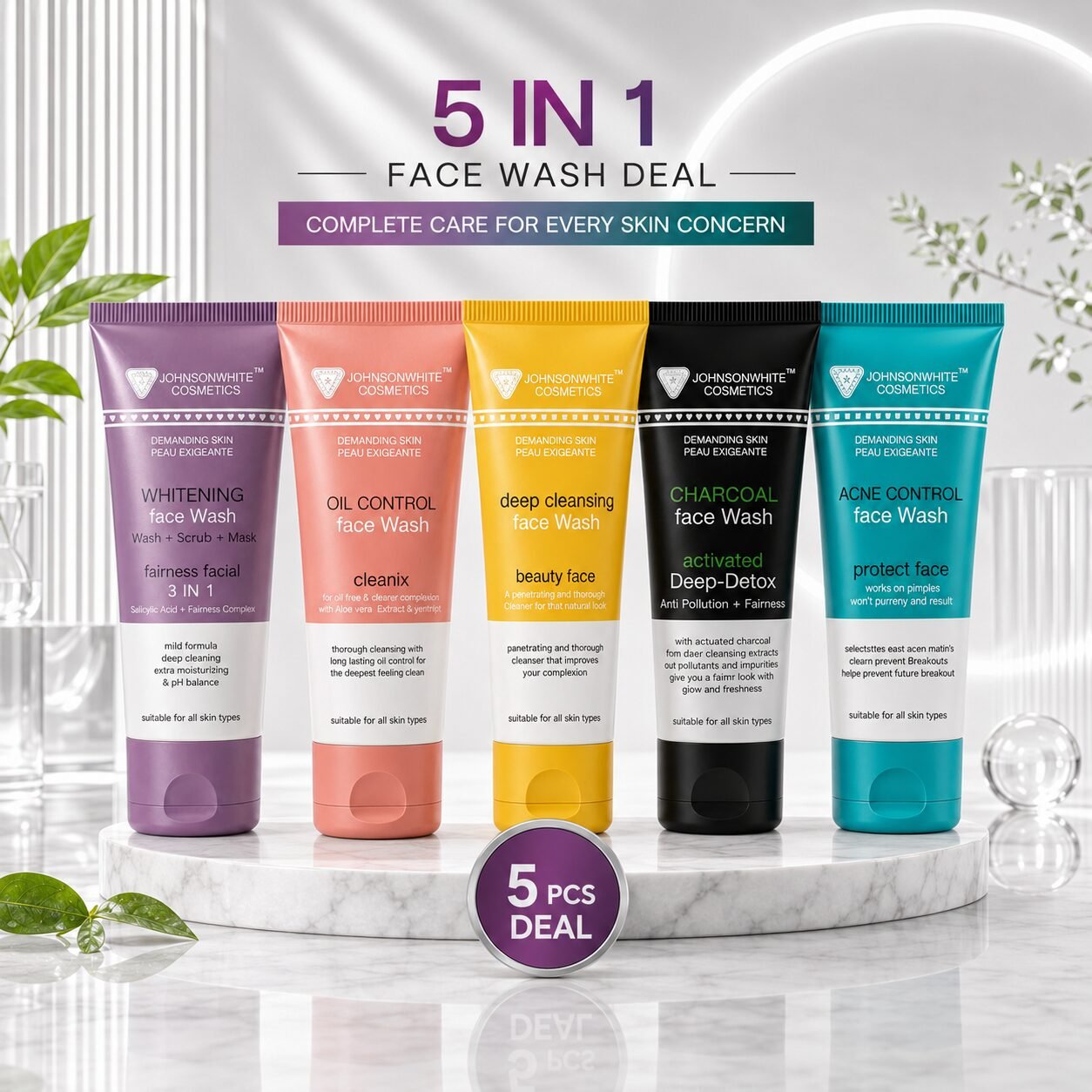 Johnson White Cosmetics Face Washes Deal (100ml Each) Pack of 5