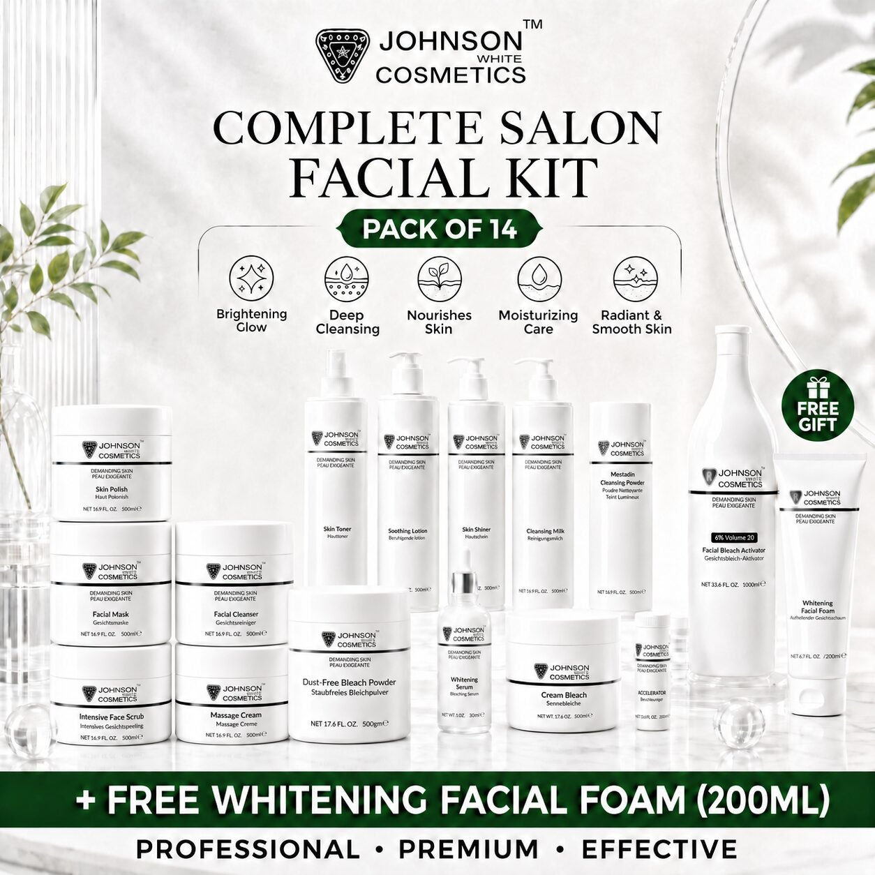 Johnson White Cosmetics Complete Salon Facial Kit (Pack of 14) + FREE Facial Foam (200ml)